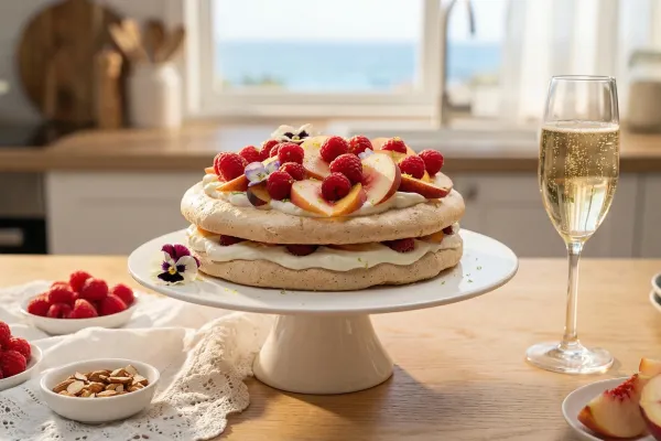 Peach Melba Almendro Meringue Cake