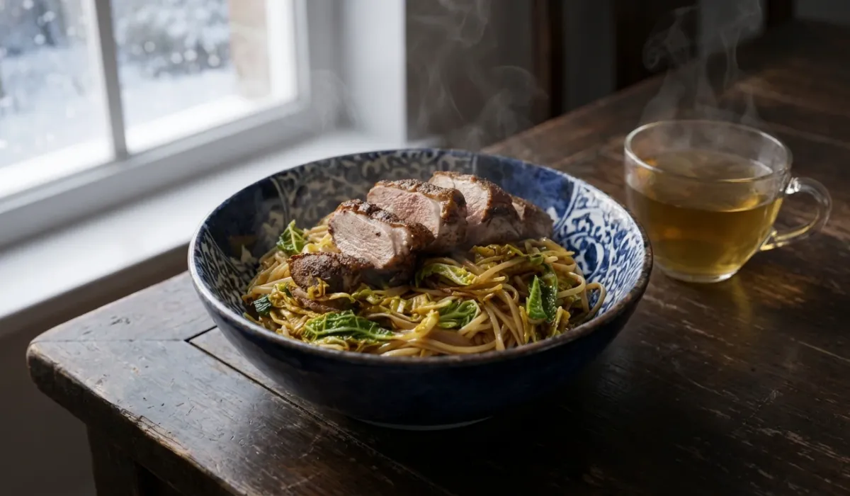 Пряная утка с капустой чили и лапшой Miso