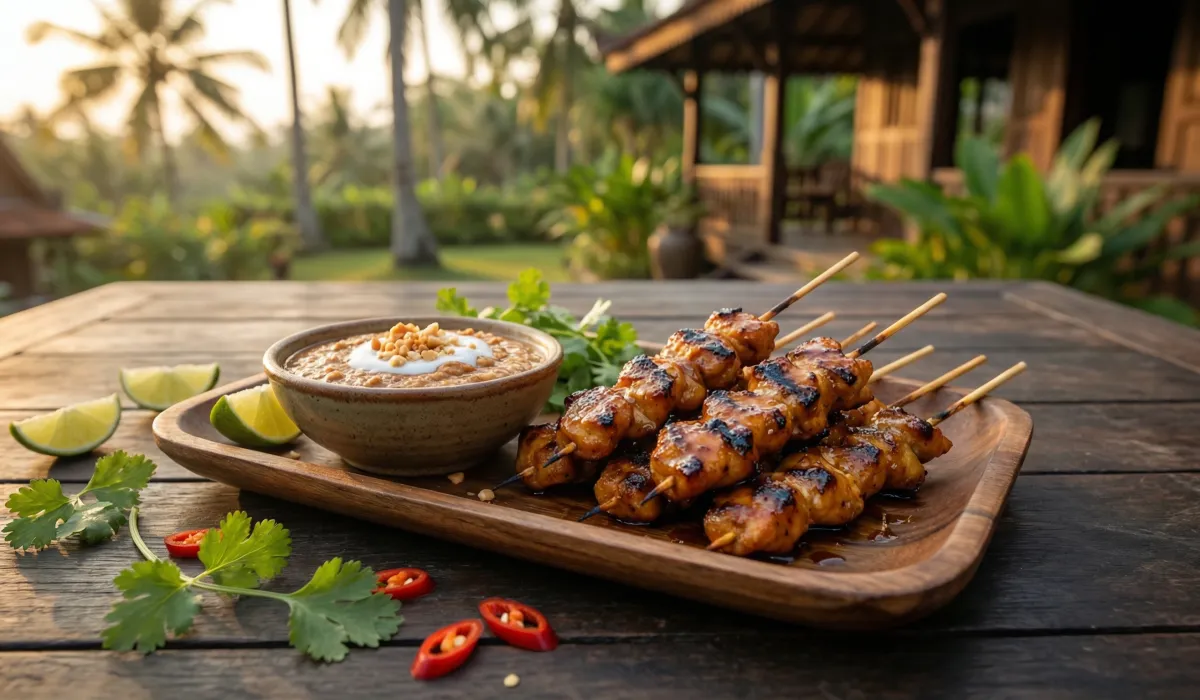Pollo Satay con salsa de gota de cacahuete