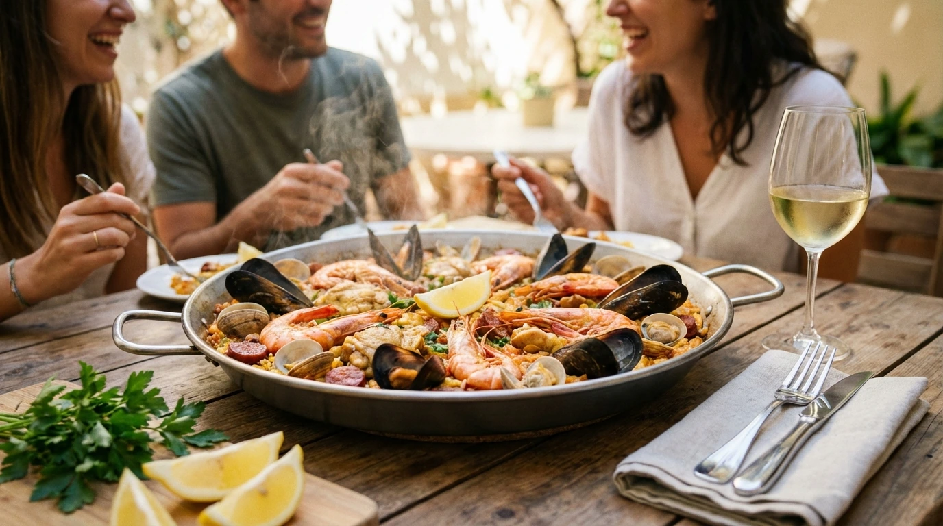 Paella de pollo y mariscos