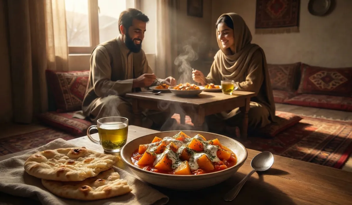 Afghan pumpkin with garlic yoghurt (Kaddo bowrani)