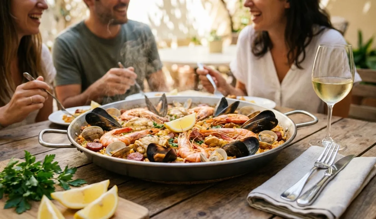 Paella de pollo y mariscos