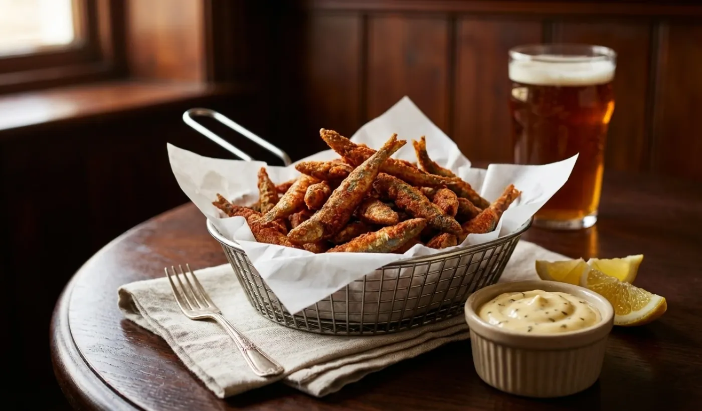Crispy Devilled Whitebait con ajo asado Mayo