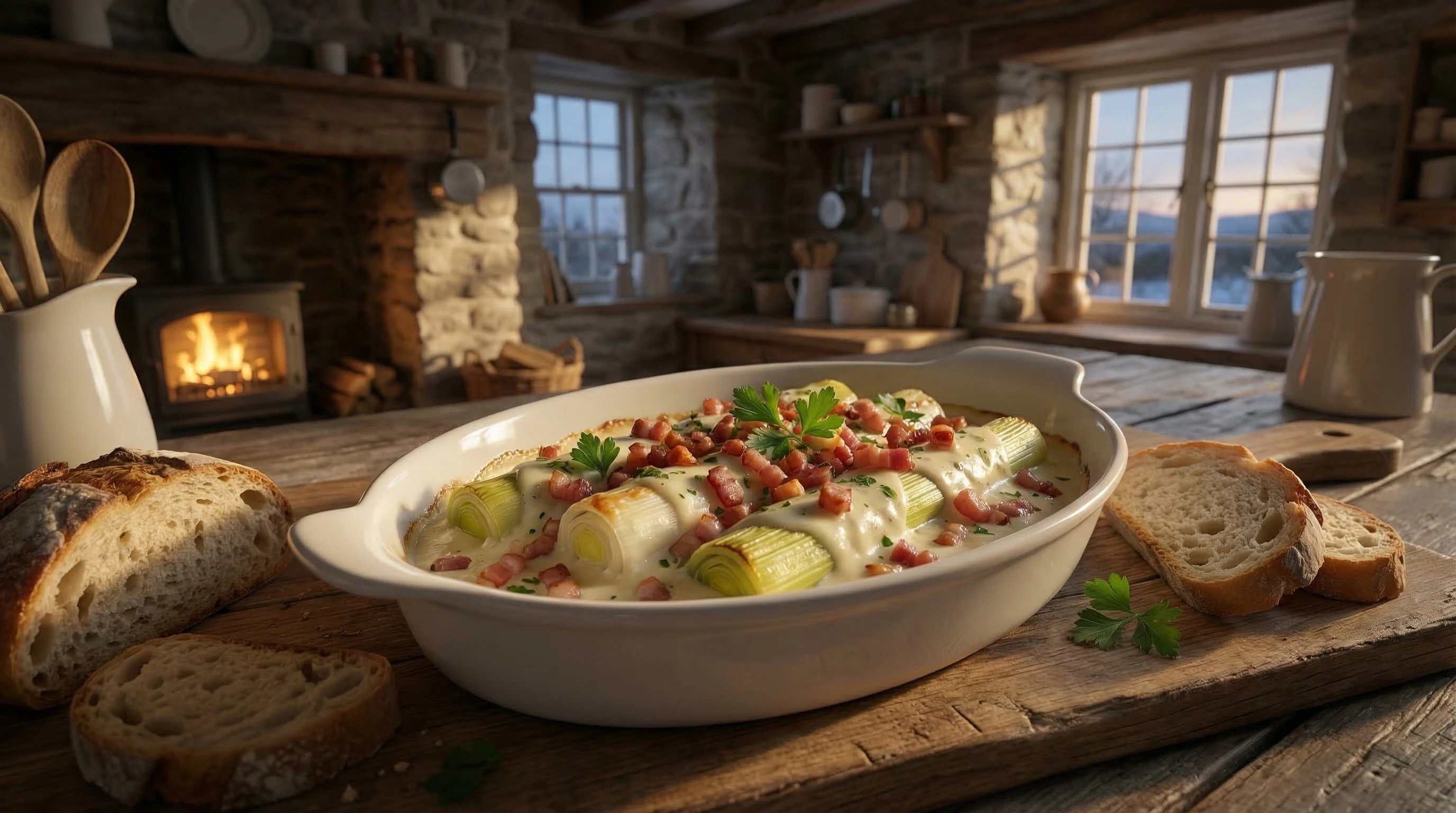 Leeks en salsa blanca con tocino
