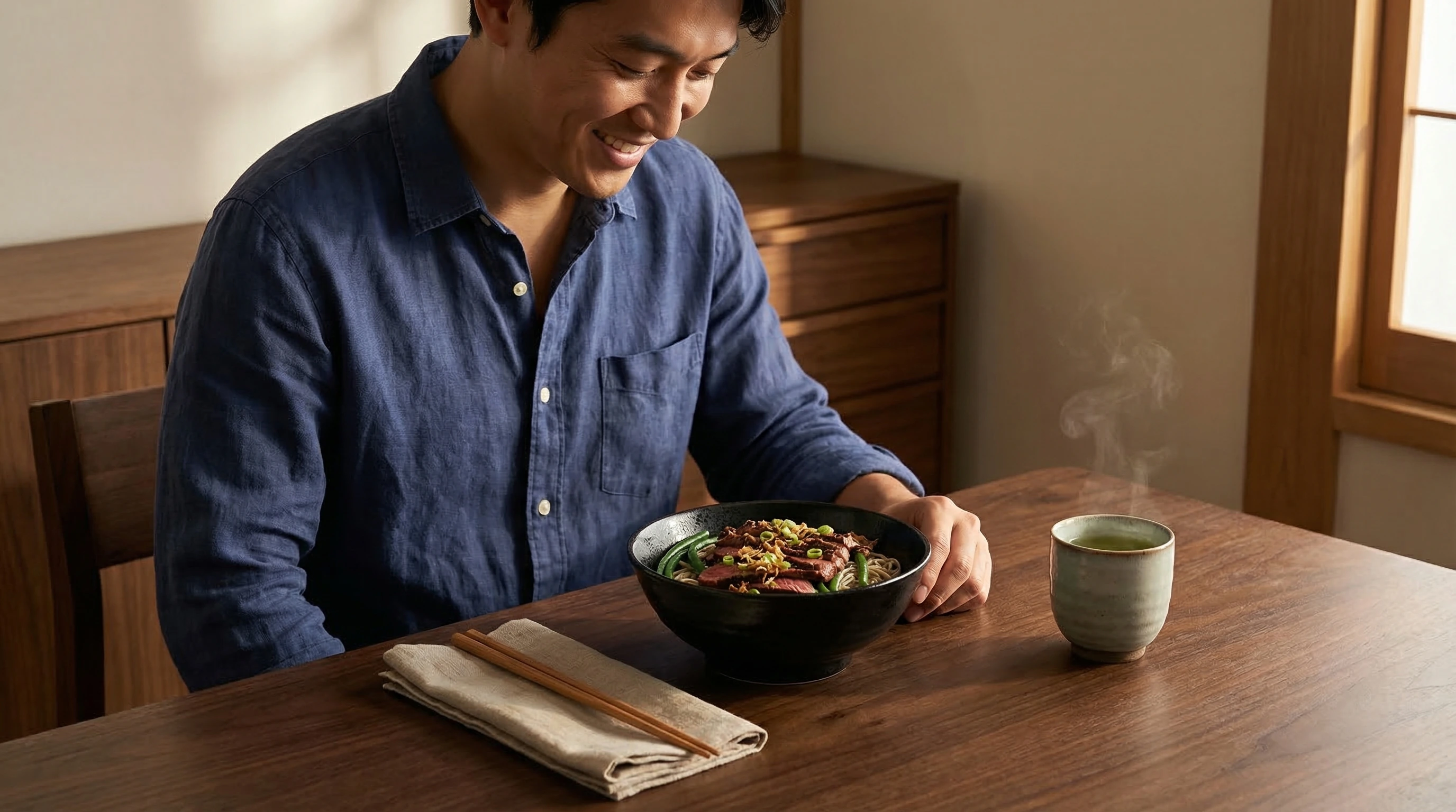 Beef Soba fideos con frijoles verdes