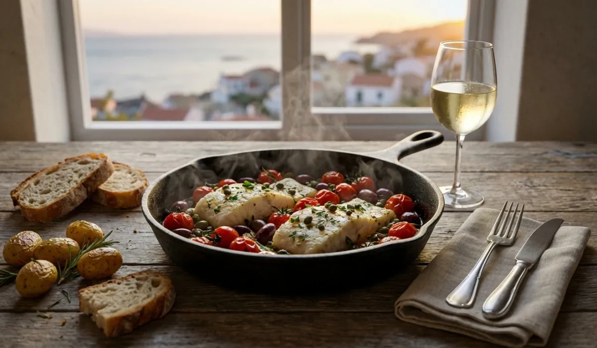 Morue cuite avec tomates et olives