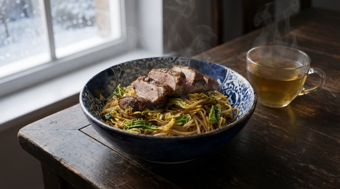 Pato picado con Chilli Cabbage y Miso Noodles