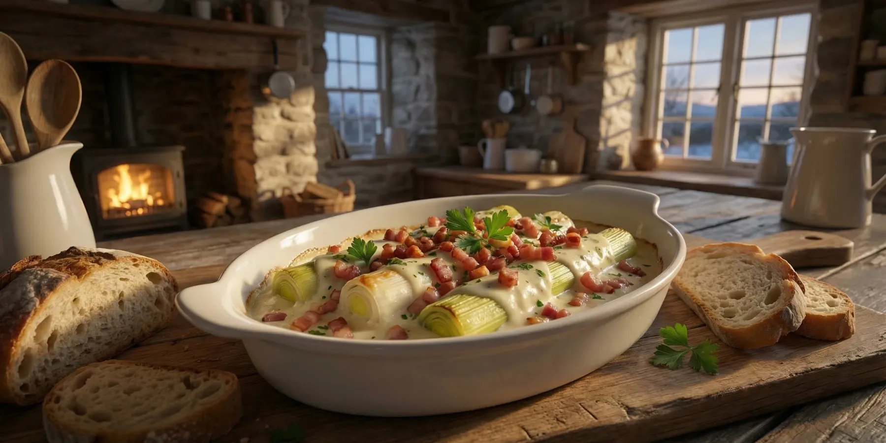 Leeks en salsa blanca con tocino