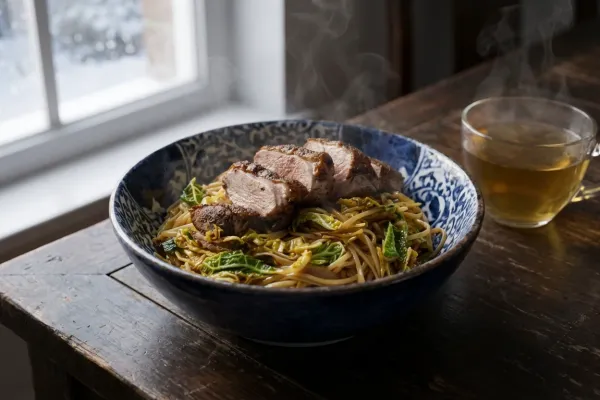 Spiced Duck with Chilli Cabbage and Miso Noodles